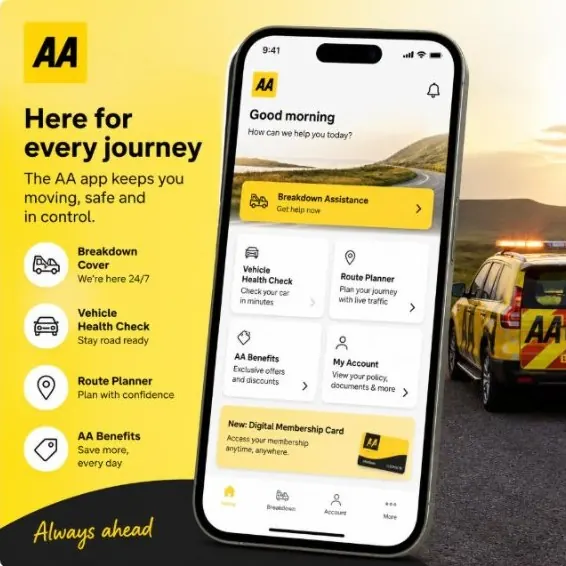 AA mobile app creative: Here for every journey